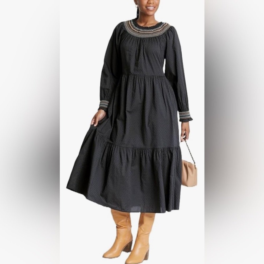 Universal Thread Embroidered Smock‎ Top Tiered Maxi Dress in Dark Navy - S